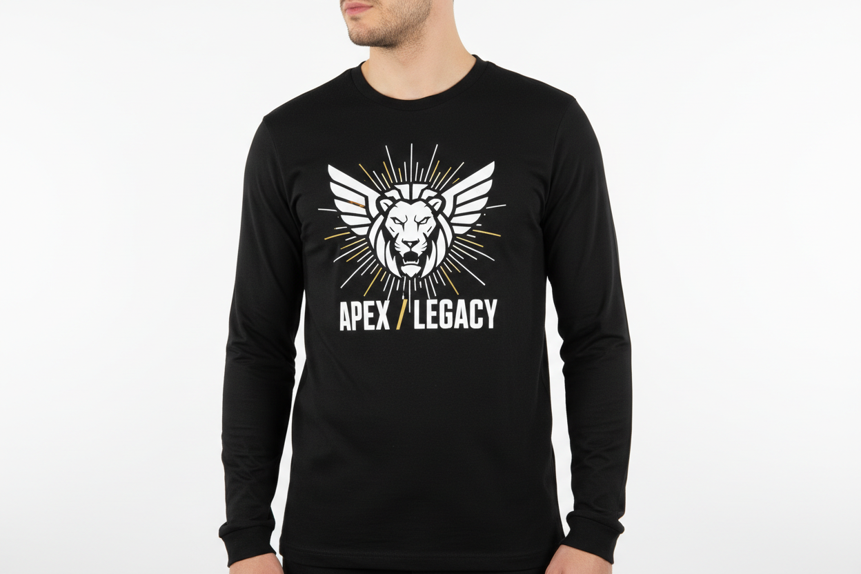 Black long sleeve t-shirt on man with chest logo
