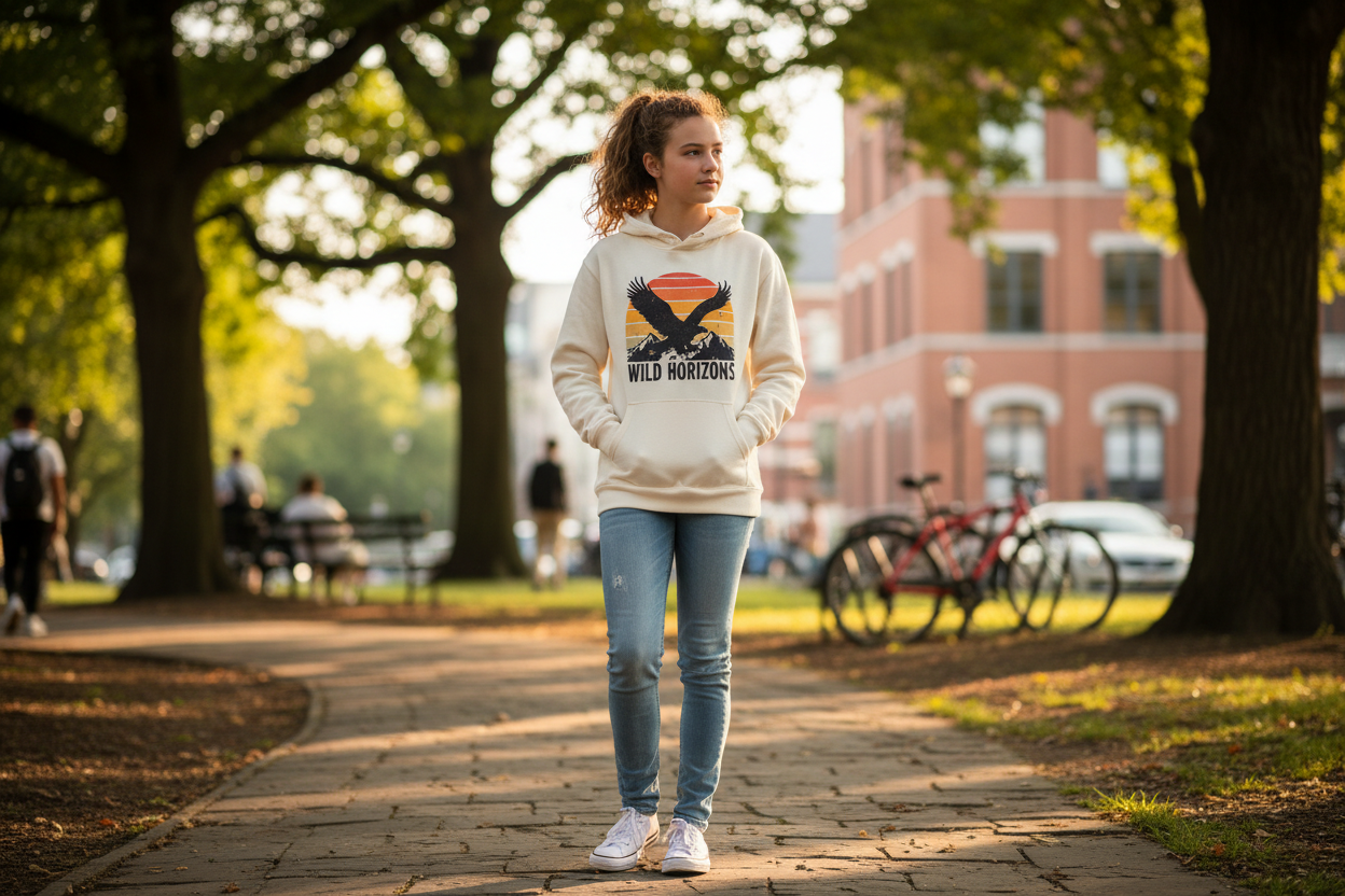 Teenage girl wearing hooded sweatshirt in real-world setting